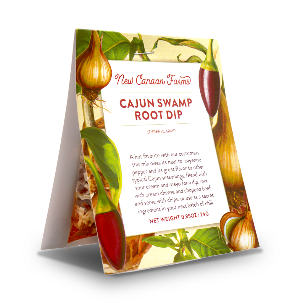 A package of spices of New Canaan Farms Cajun Swamp Root dip