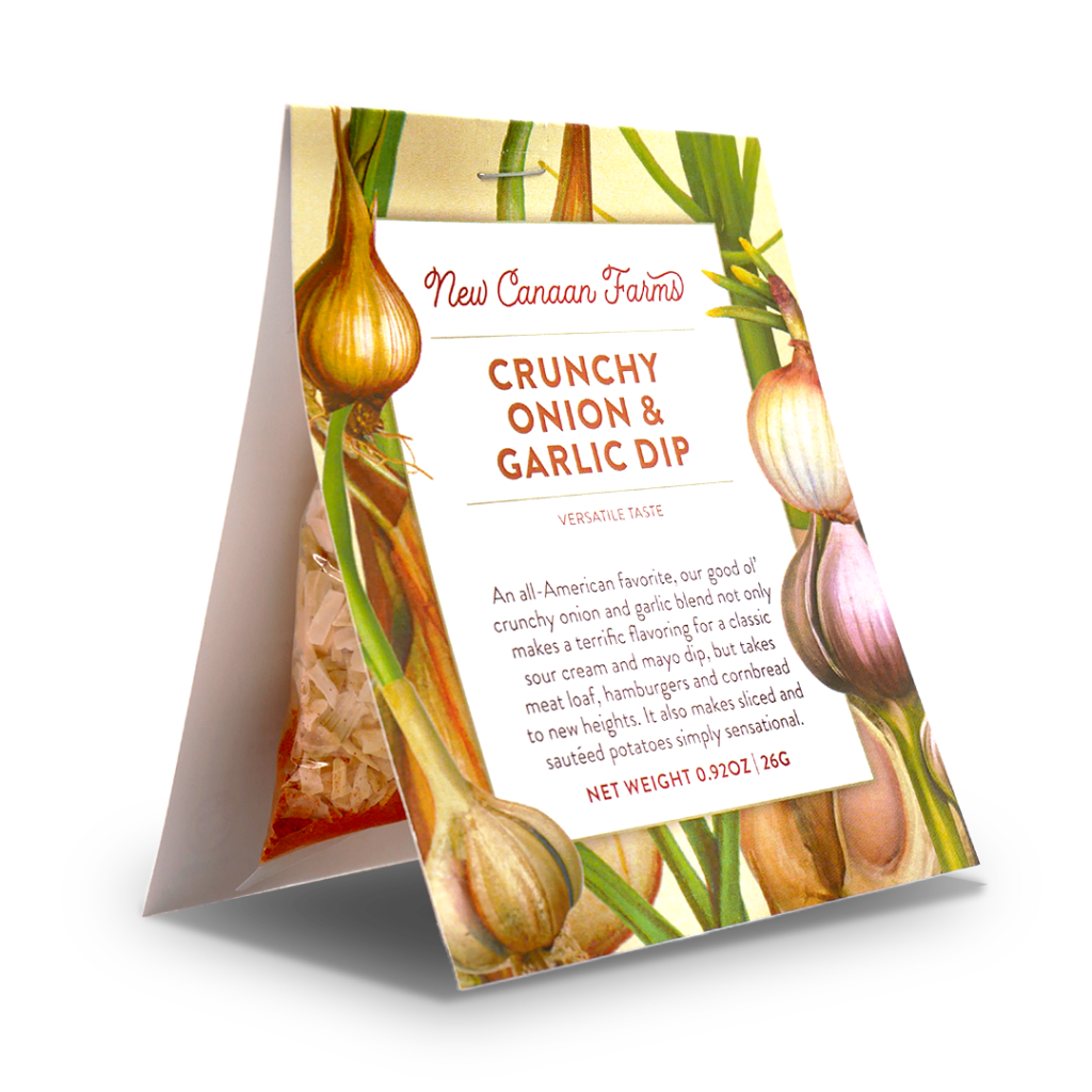 A package of seasonings of New Canaan Farms Crunchy Onion Garlic Dip
