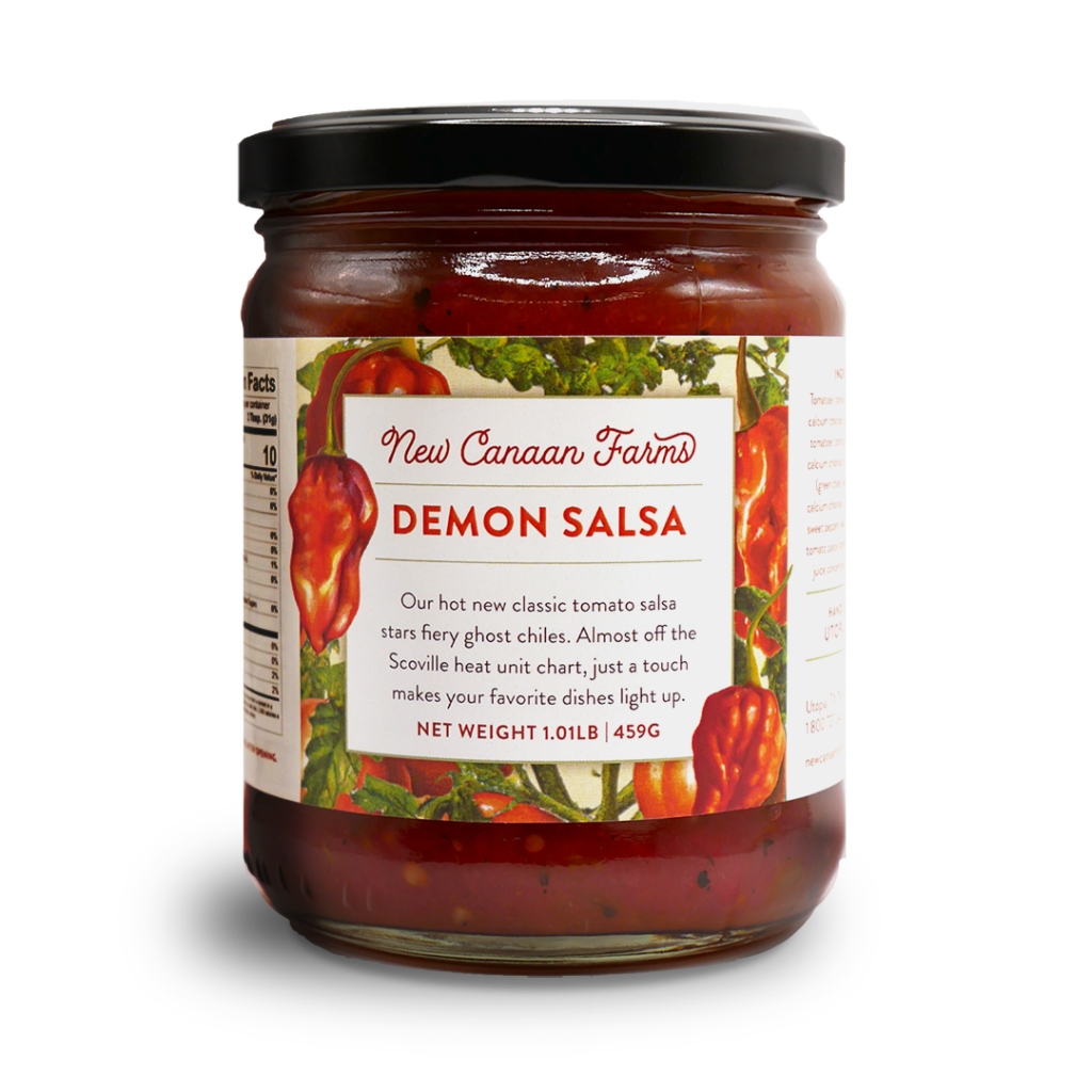 A jar of New Canaan Farms Demon Salsa