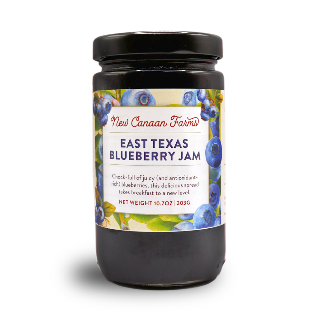 A jar of New Canaan Farms East Texas Blueberry Jam