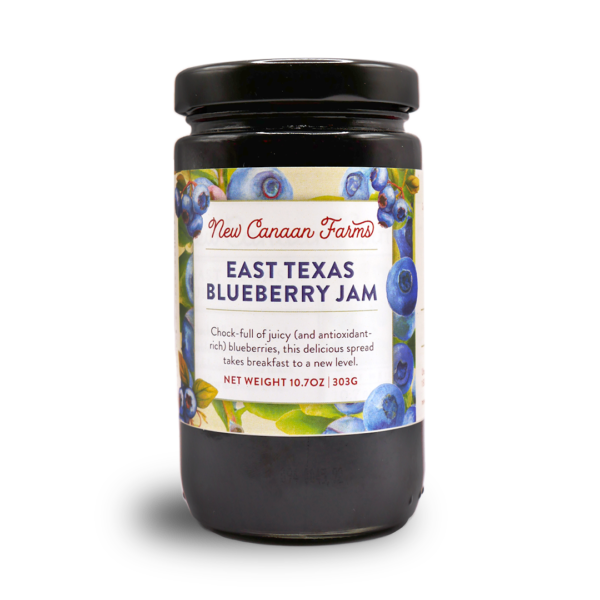 A jar of New Canaan Farms East Texas Blueberry Jam