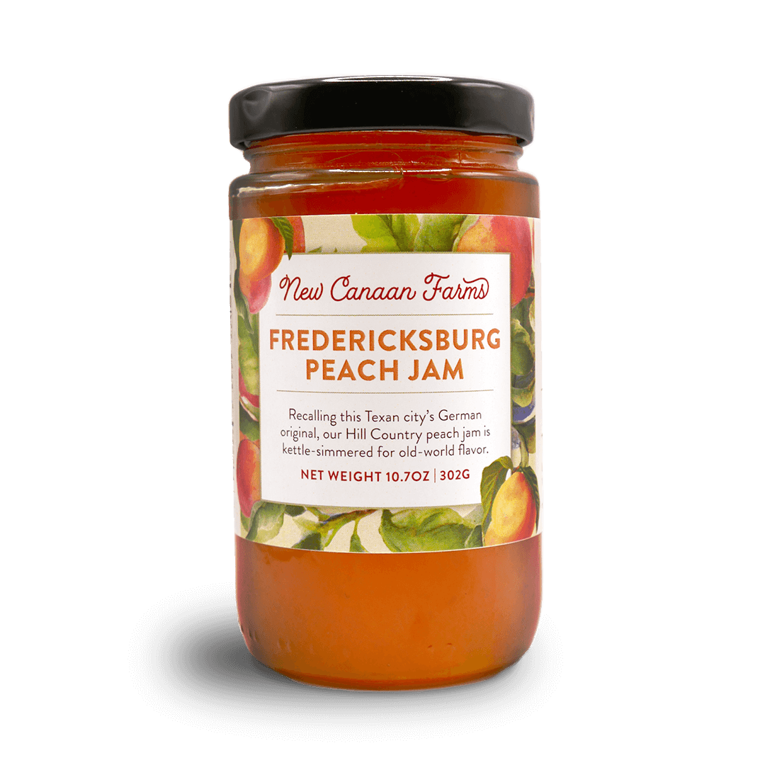 A jar of New Canaan Farms Fredericksburg Peach Jam