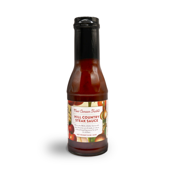J bottle of New Canaan Farms Hill Country Steak Sauce