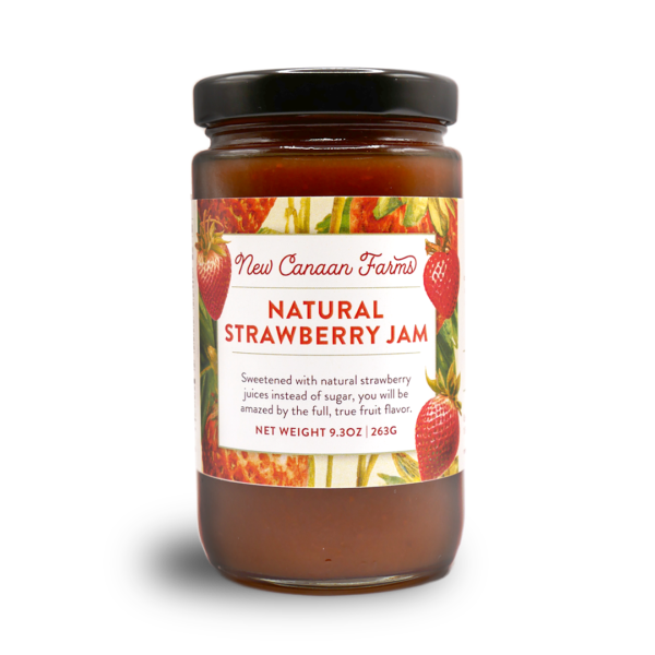 A jar of New Canaan Farms Natural Strawberry Jam