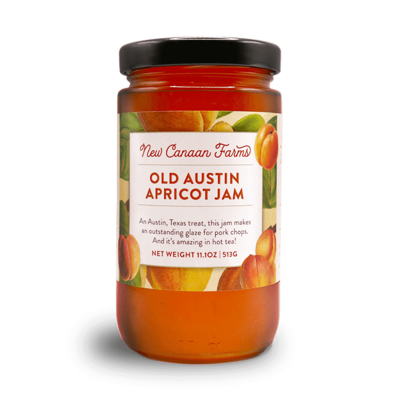 A jar of New Canaan Farms Old Austin Apricot Jam