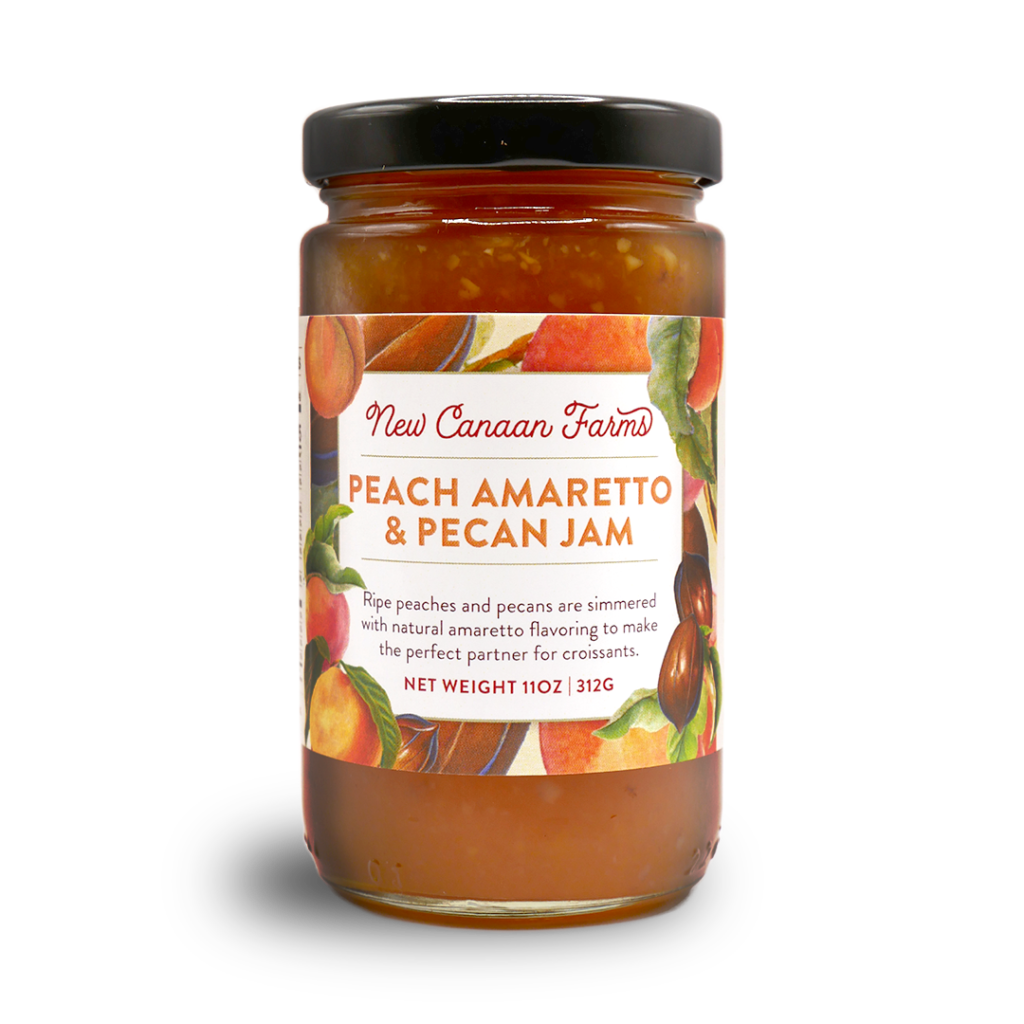 A jar of New Canaan Farms of Peach Amaretto Pecan Jam