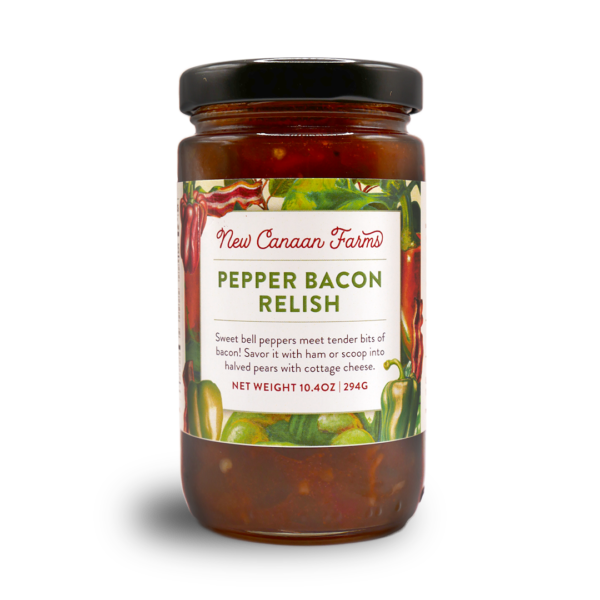 A jar of New Canaan Farms Pepper Bacon Relish