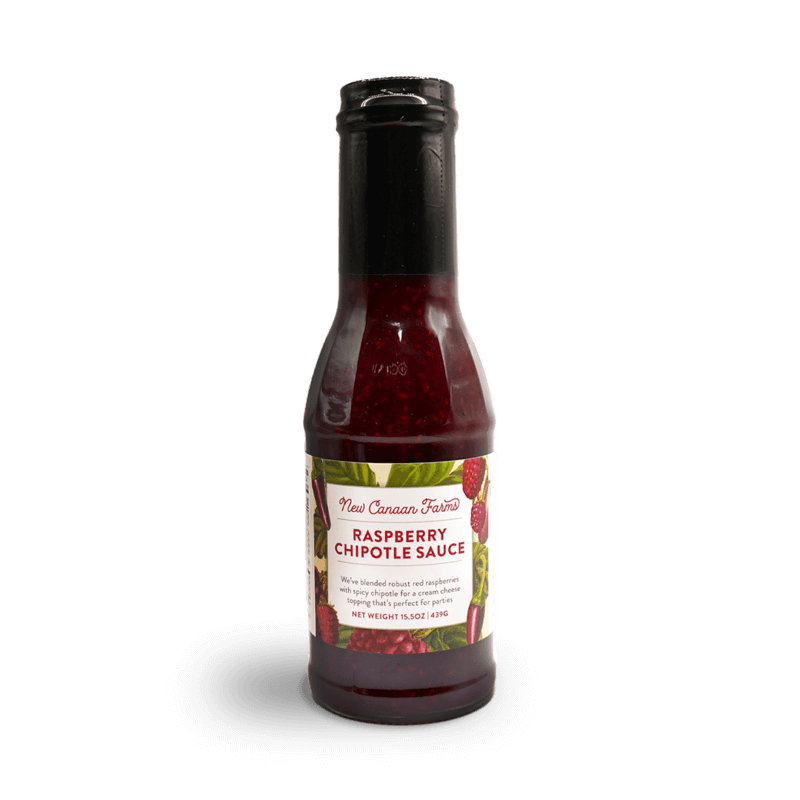 A bottle of New Canaan Farms Raspberry Chipotle Sauce