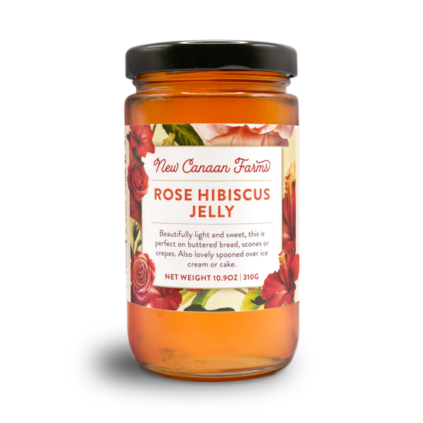 A jar of New Canaan Farms rose & hibiscus jelly