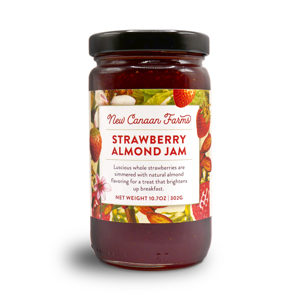 A jar of New Canaan Farms Strawberry Almond Jam