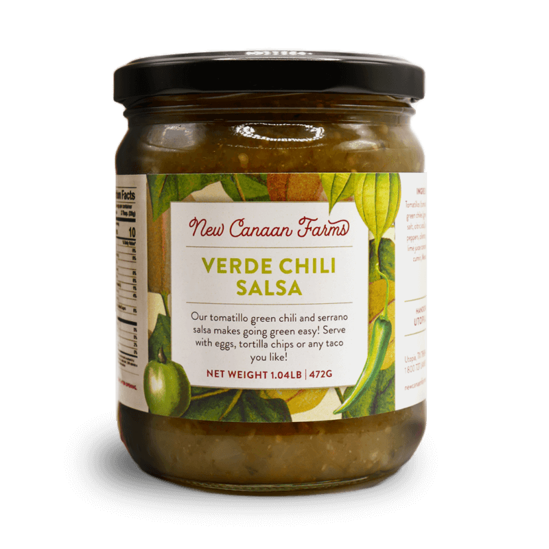 A jar of New Canaan Farms Verde Chili Salsa