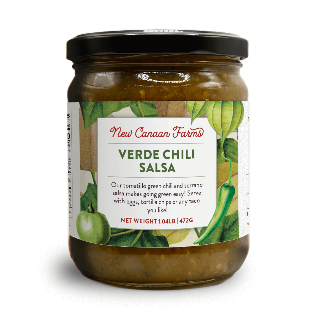 A jar of New Canaan Farms Verde Chili salsa