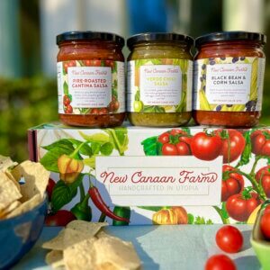 Three of New Canaan Farms' most popular salsas, with their gift box: Black Bean & Corn, Chili Verde and Fire-Roasted Cantina Salsa