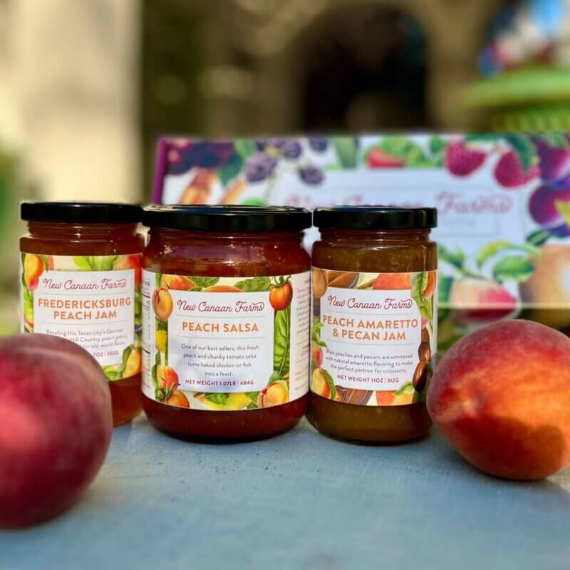Our three New Canaan Farms peach products with their beautiful gift box; Fredericksburg Peach Jam, Peach Salsa and Peach Amaretto and Pecan Jam