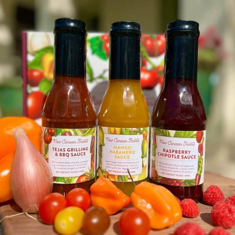 3 New Canaan Farms sauces that light up the plate - Raspberry Chipotle, Mango Habanero and Gulf Coast Shrimp Sauce
