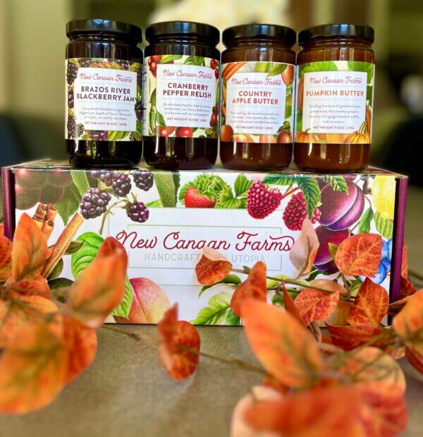 Four Fall New Canaan Farms delights - Country Apple Butter, Pumpkin Butter, Brazos River Blackberry Jam and Cranberry Pepper Relish