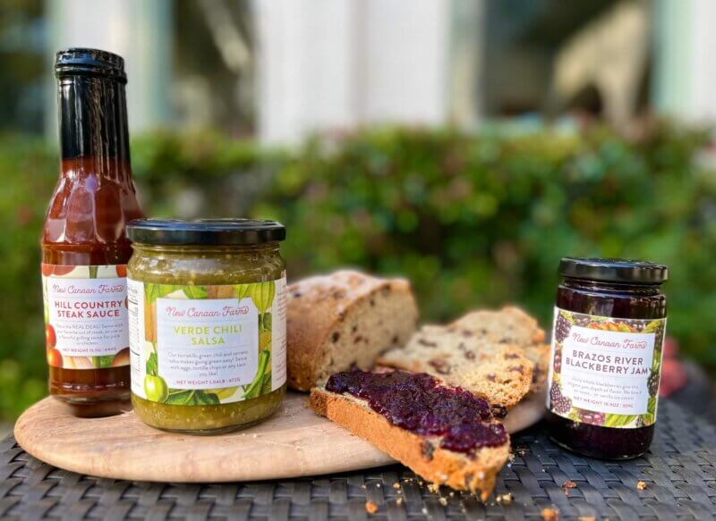 New Canaan Farms Hill Country Steak Sauce, Verde Chili Salsa and Brazos River Blackberry Jam, with sweet Irish soda bread