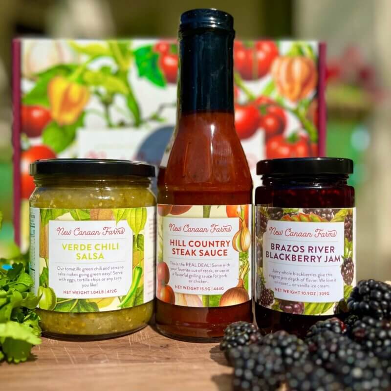 New Canaan Farms Cilantro Salsa, Brazos River Blackberry Jam and Hill Country Steak Sauce