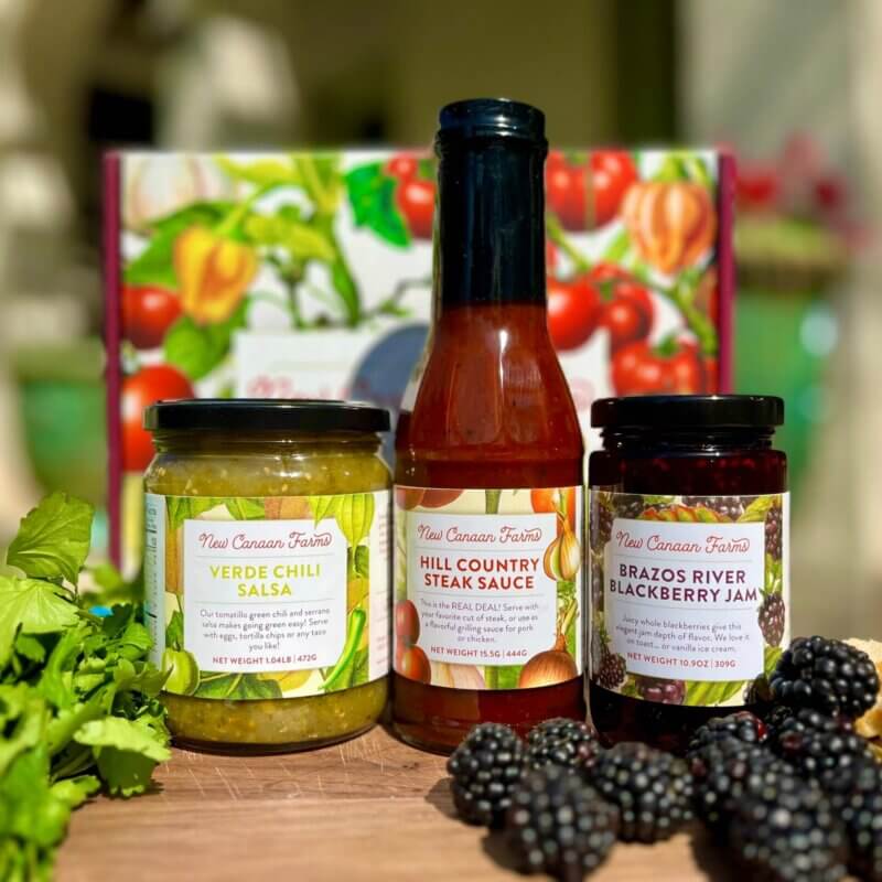 A New Canaan Farms St Patrick's Day Giftbox, containing Brazos River Blackberry Jam, Hill Country Steak Sauce and Verde Chili Salsa