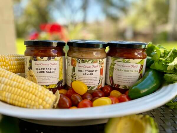 Three chunky New Canaan Farms salsas - Black Bean & Corn, Hill Country Caviar and Cilantro - in a white bowl with fresh vegetables