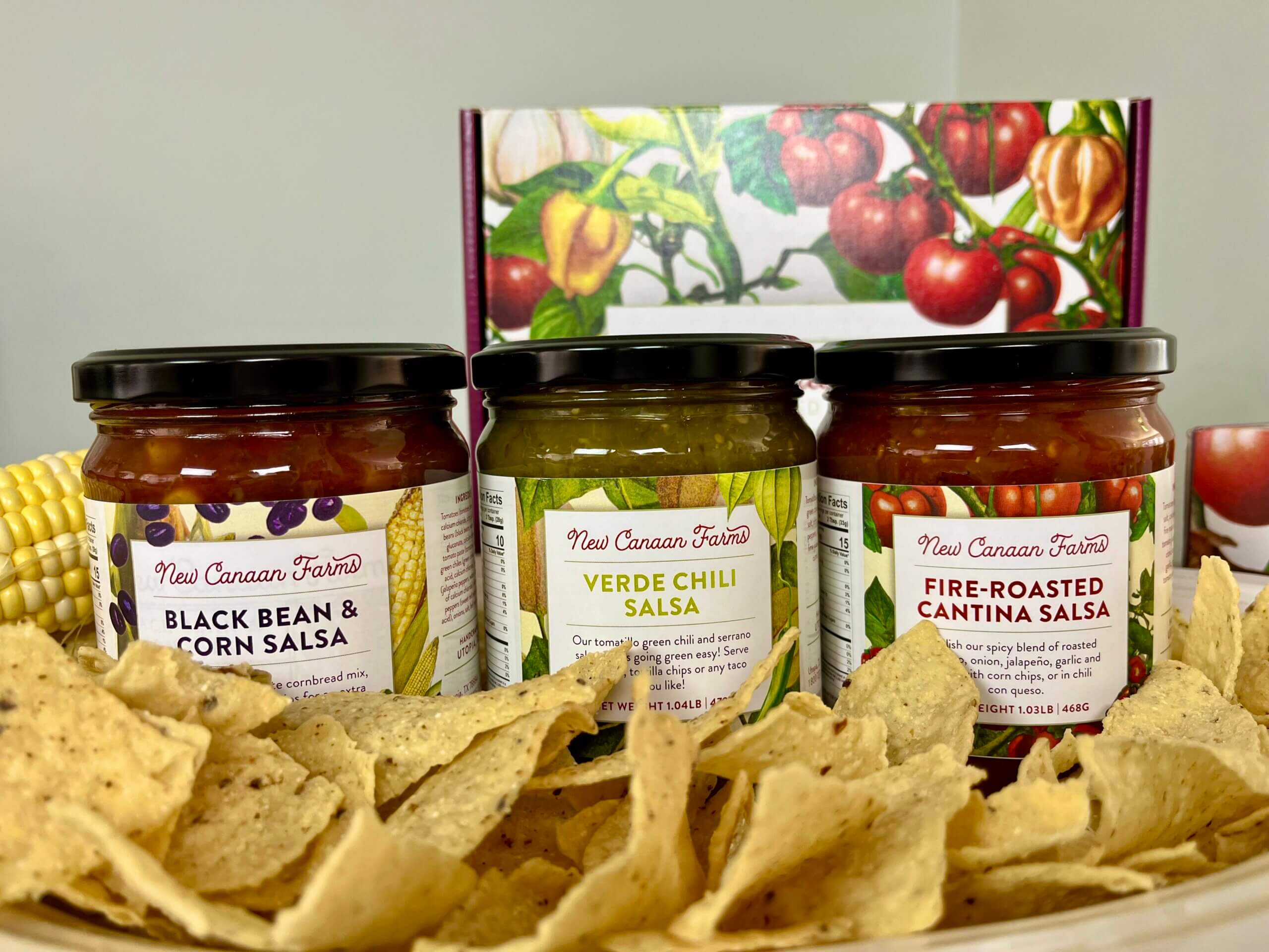 Three of New Canaan Farm's favorite salsas; Black Bean & Corn, Verde Chili and Fire-Roasted Cantina