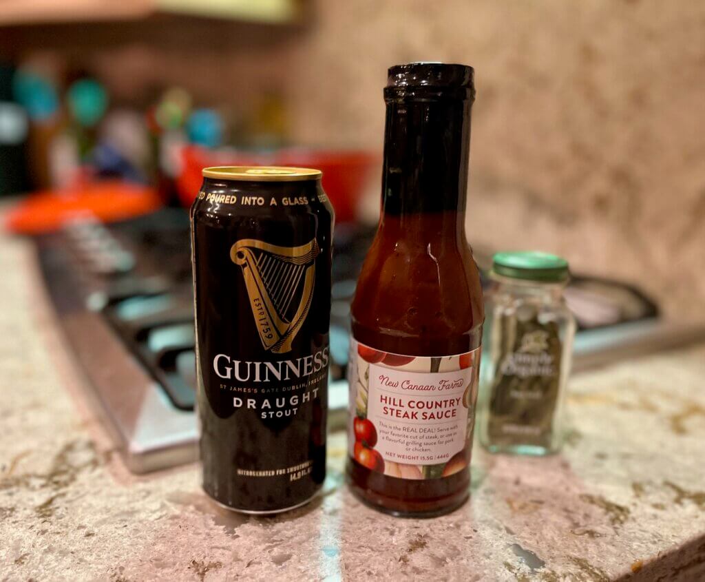 Guinness, New Canaan Farms Hill Country Steak Sauce and thyme for Irish stew