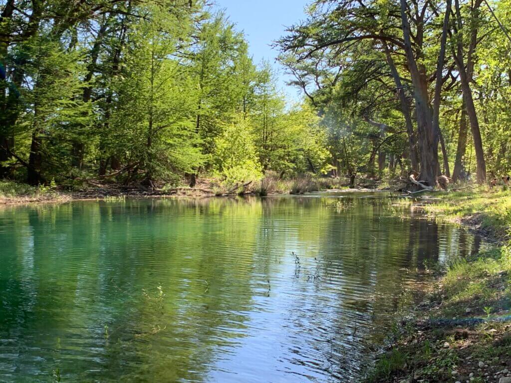 A picture of a river in Utopia, Texas, surrounded by trees