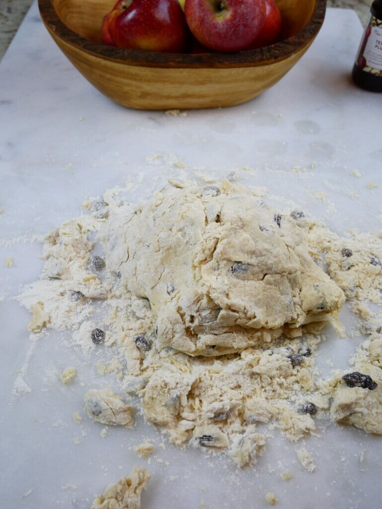 The ingredients of sweet Irish soda bread coming together into a dough