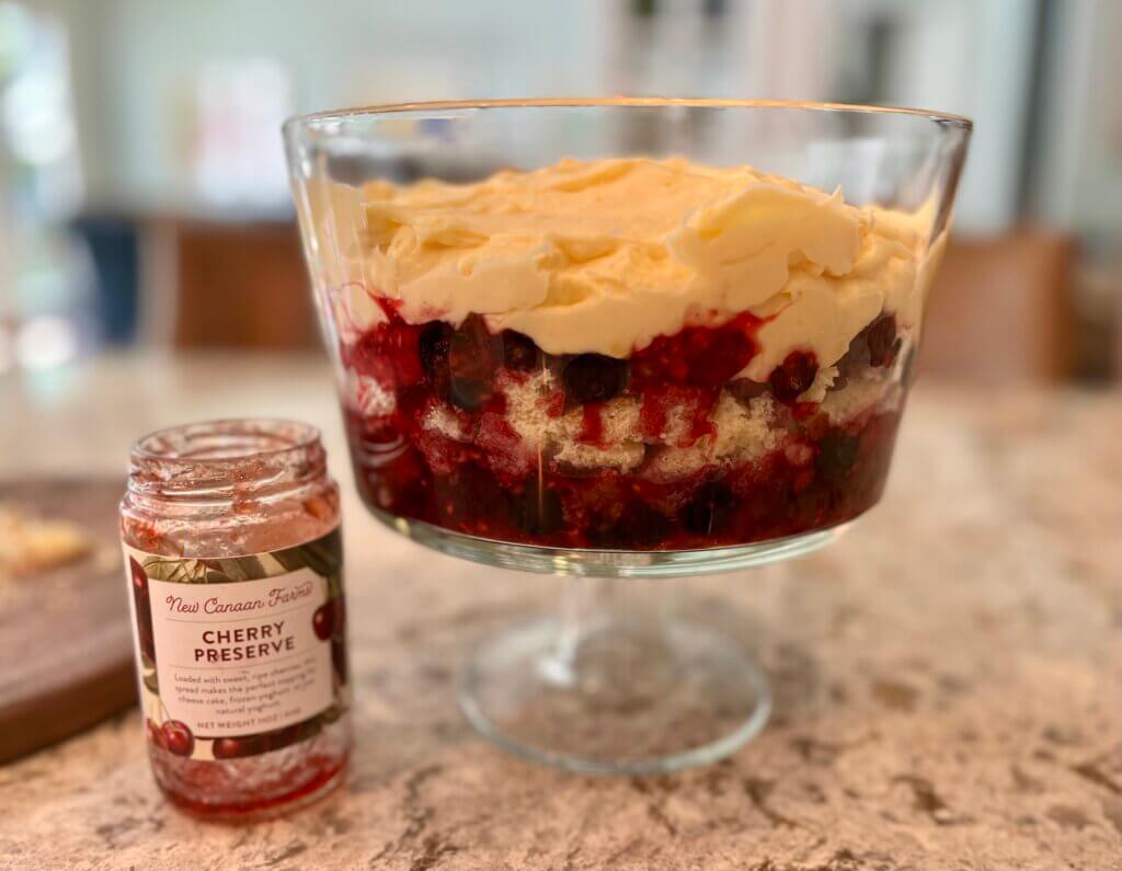 4 layers of trifle - berries and New Canaan Farms cherry jam followed by cake, then more berries and finally a custard / cream mixture