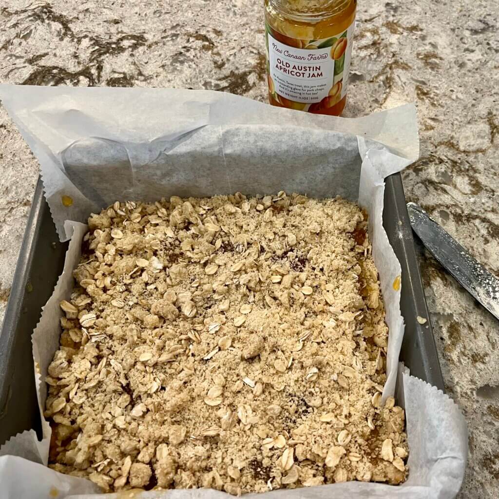 Cooked Apricot Oat Bars, in their baking tray