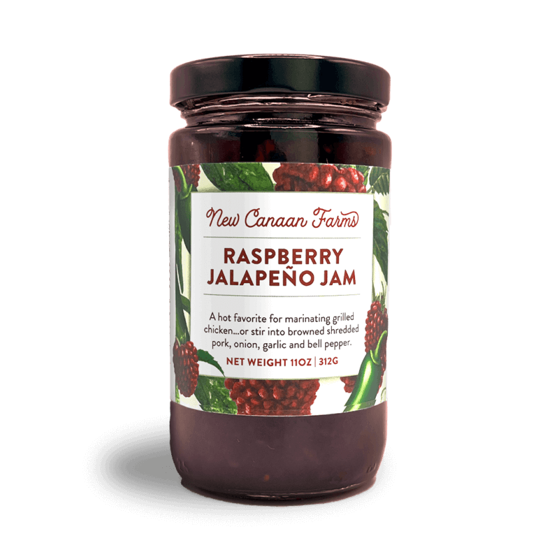 A jar of New Canaan Farms Raspberry Jalapeño Jam