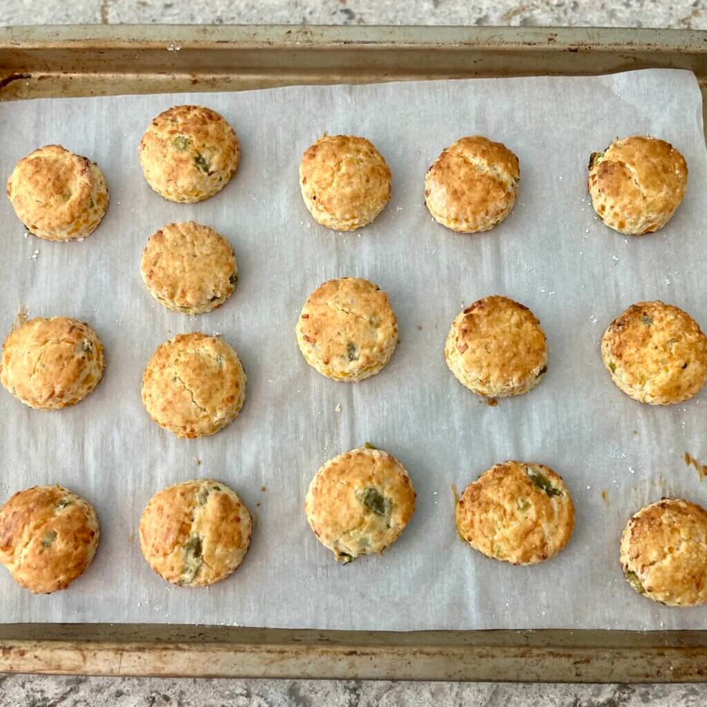 Cooked cheese jalapeño scones on a baking tray