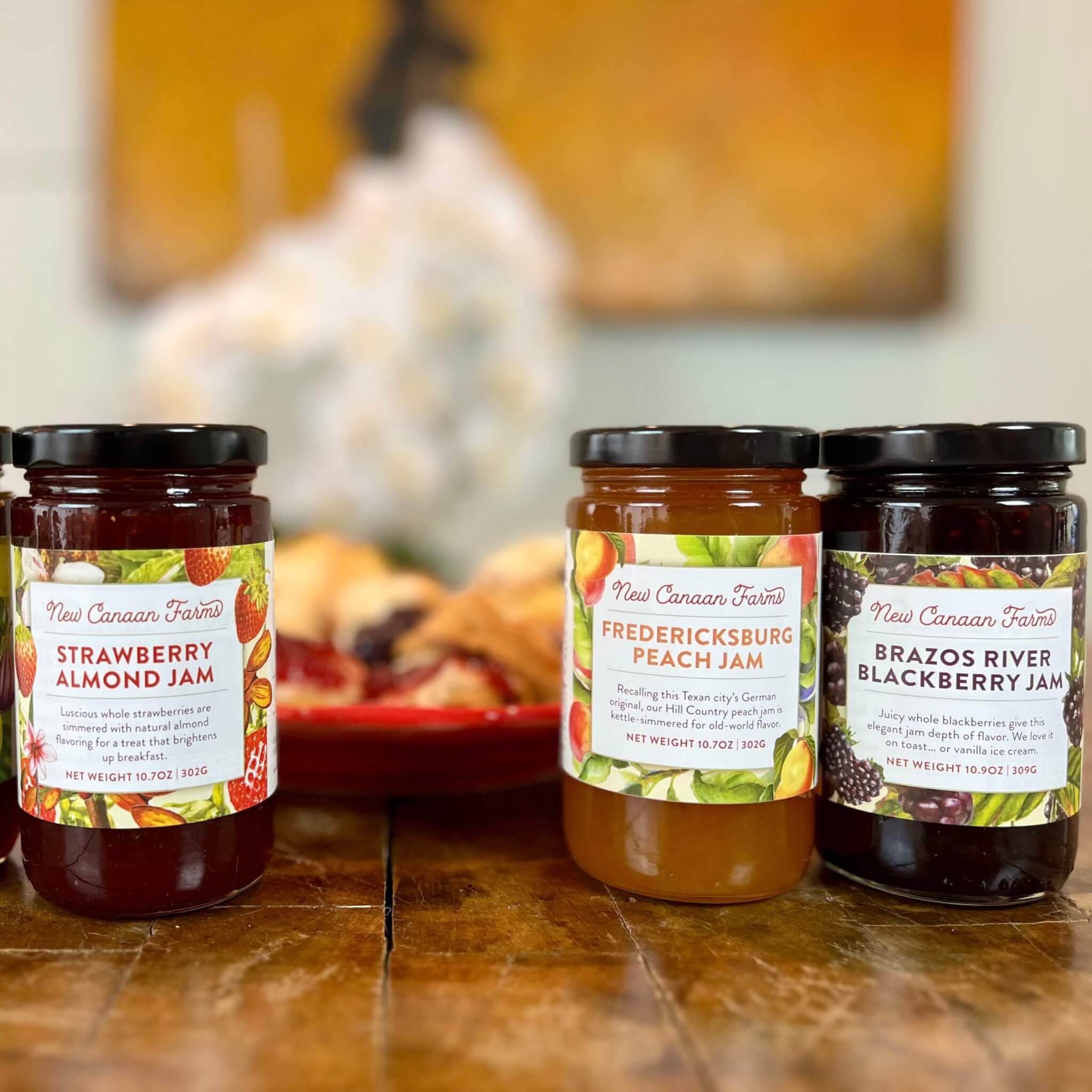 3 favorite New Canaan Farms sweet jams: Blackberry, Peach and Strawberry Almond
