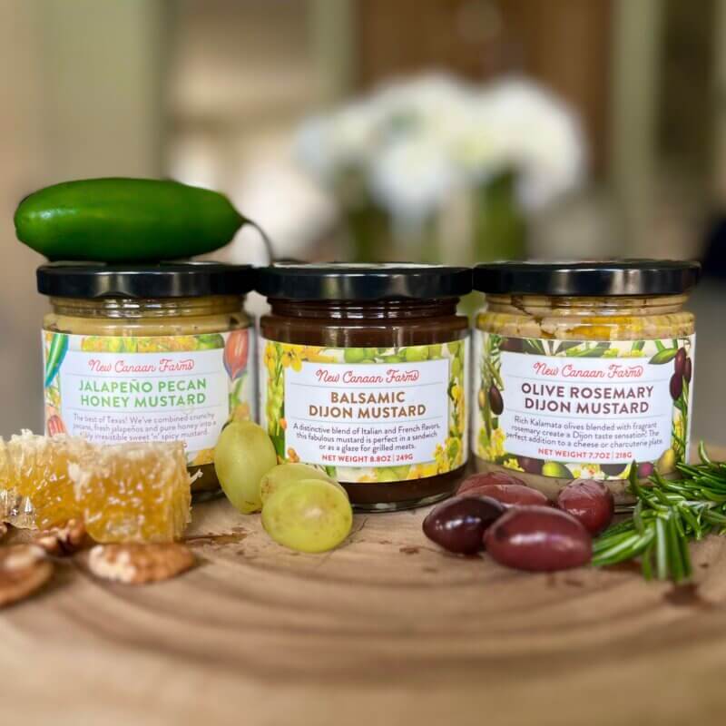 Three New Canaan Farms mustards; Balsamic Dijon, Olive Rosemary and Jalapeño Pecan Honey