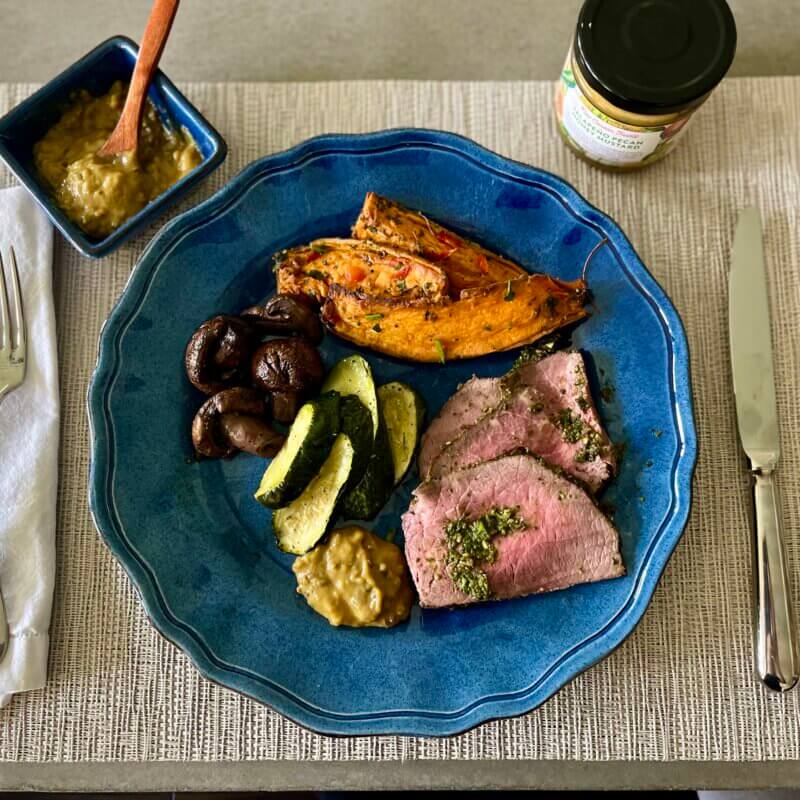 Sliced roast beef, sweet potato wedges, zucchini and mushrooms garnished with New Canaan Farms Jalapeño Pecan Honey Mustard