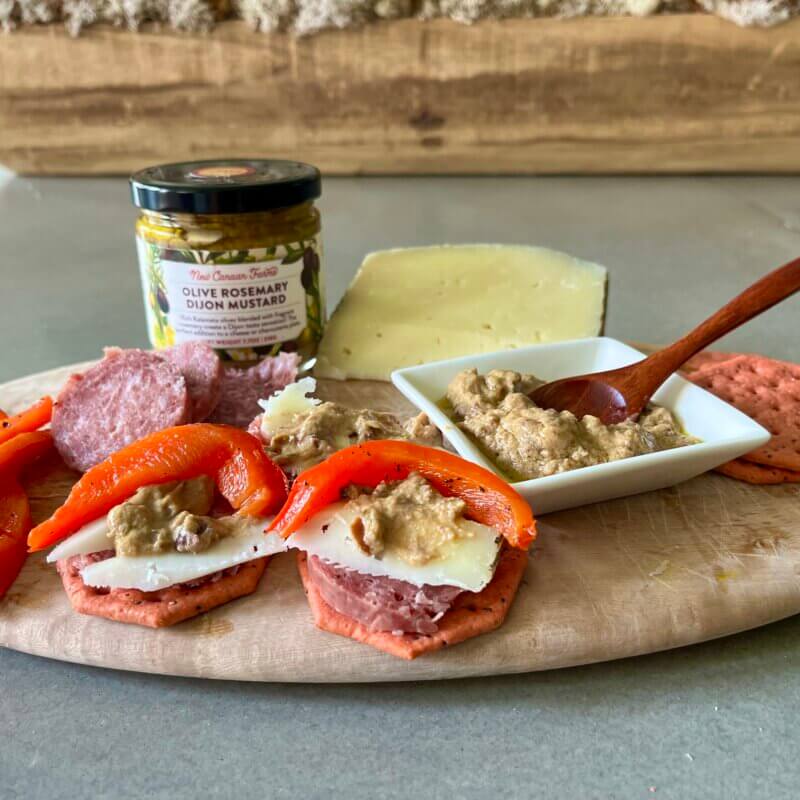 New Canaan Farms Olive Rosemary Mustard on charcuterie plate