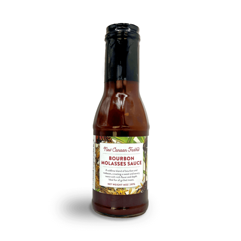 A bottle of New Canaan Farms Bourbon Molasses Sauce