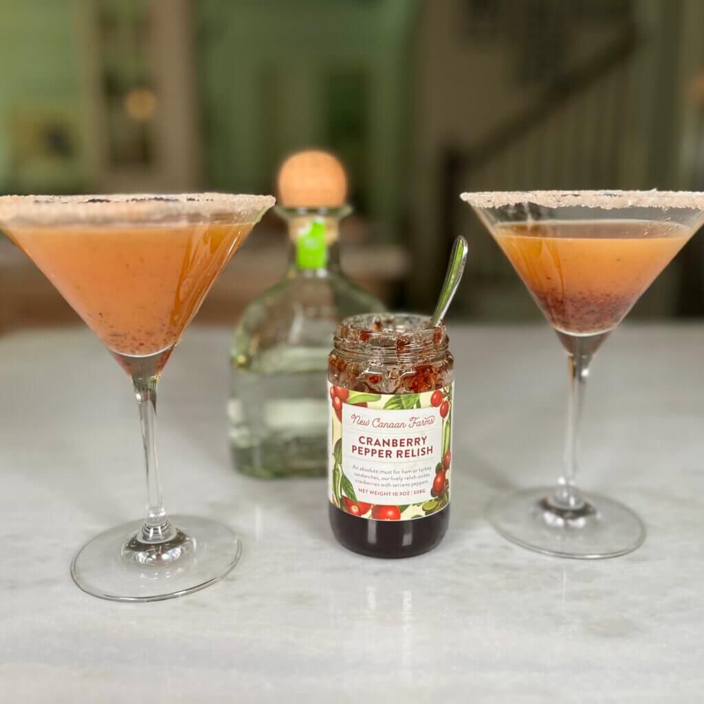 Two Cranberry Pepper Margaritas, made with New Canaan Farms Cranberry Pepper Relish