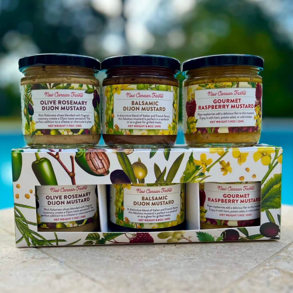 A New Canaan Farms mustard gift containing Olive Rosemary Dijon, Gourmet Raspberry Mustard and and Balsamic Dijon